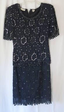 VINTAGE SCALA Dress Size PL Beaded Lace Sequins Cocktail/Evening/Party Navy Blue